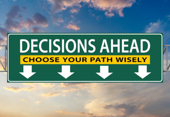 Decisions Ahead, Choose Your Path Wisely, illustration freeway green sign